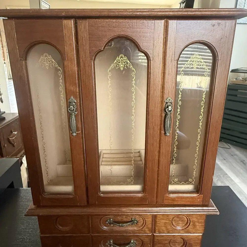 Vintage Wooden Jewelry Armoire Box Cabinet Chest Organizer Drawers Glass Doors